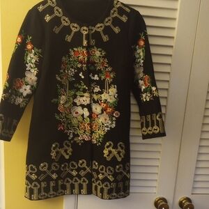 Black Coat with Floral and Key Embroidery